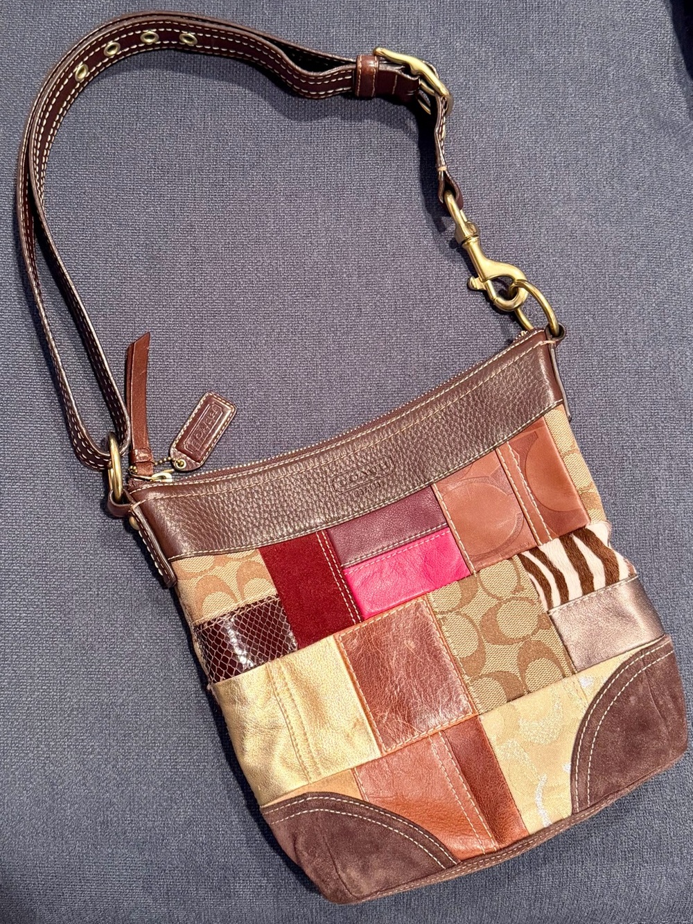 Coach Patchwork Leather & Signature Crossbody - Brown Multi with Pink Accent